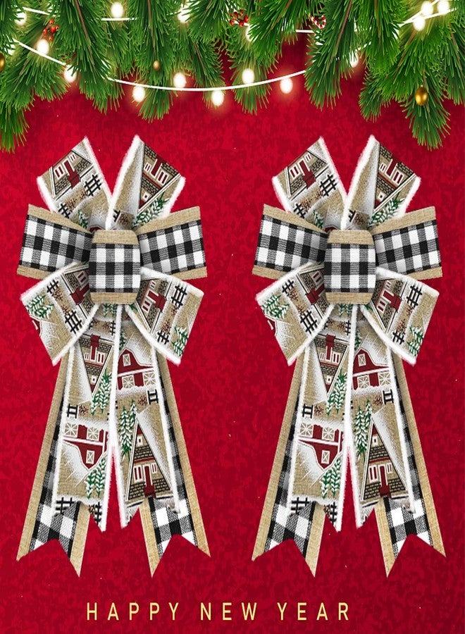 Threetols 2PCS Christmas Wreath Bows, White Black Buffalo Plaid Bows for Wreath Beige Farmhouse Bows for Front Door Winter House Bows Christmas Tree Bows for New Year Indoor Outdoor Xmas Decorations - Image 1